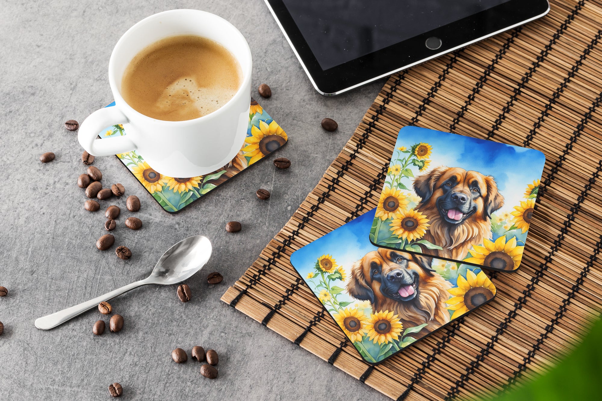 Leonberger in Sunflowers Foam Coasters