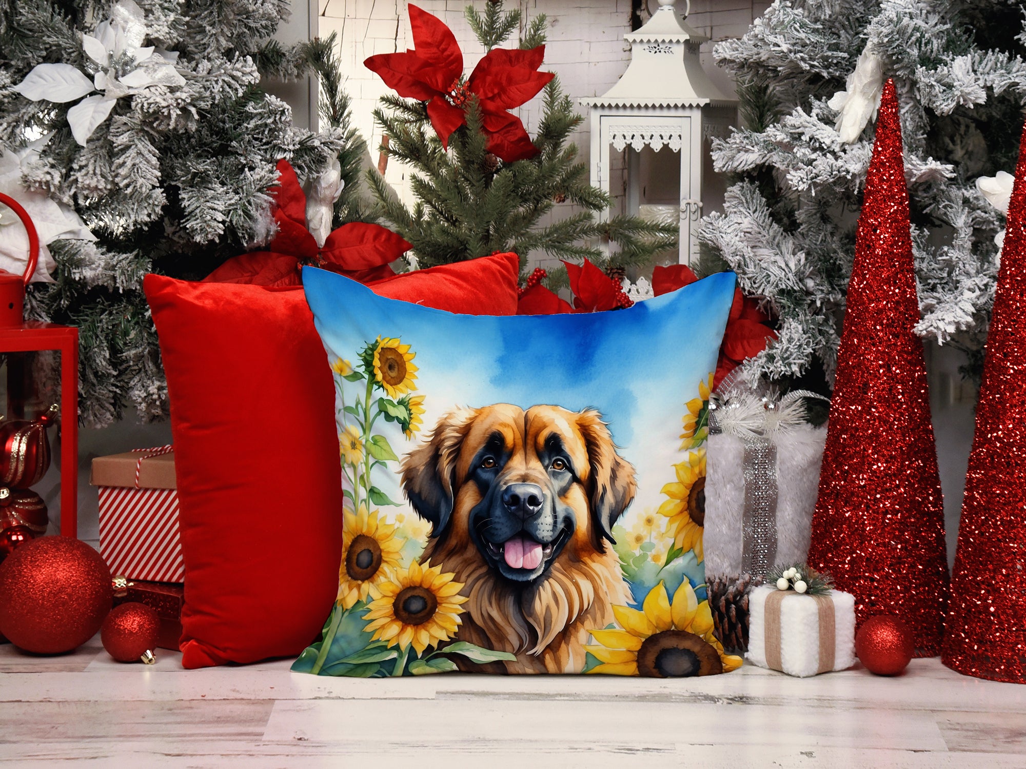 Leonberger in Sunflowers Throw Pillow