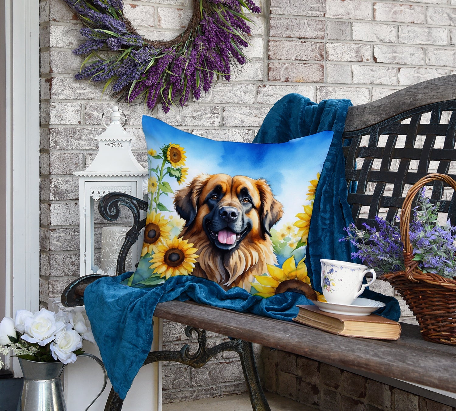 Leonberger in Sunflowers Throw Pillow
