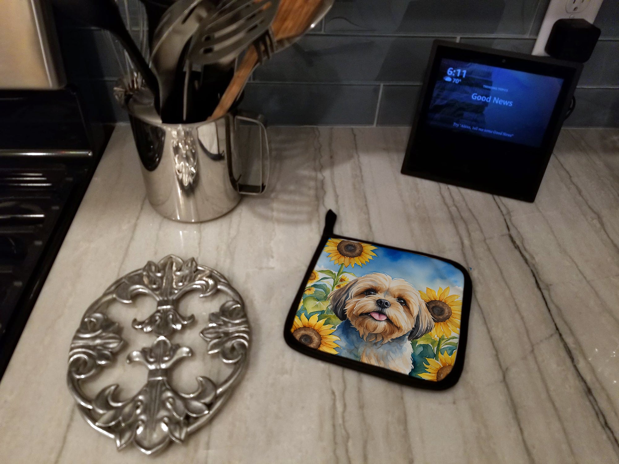 Lhasa Apso in Sunflowers Pair of Pot Holders