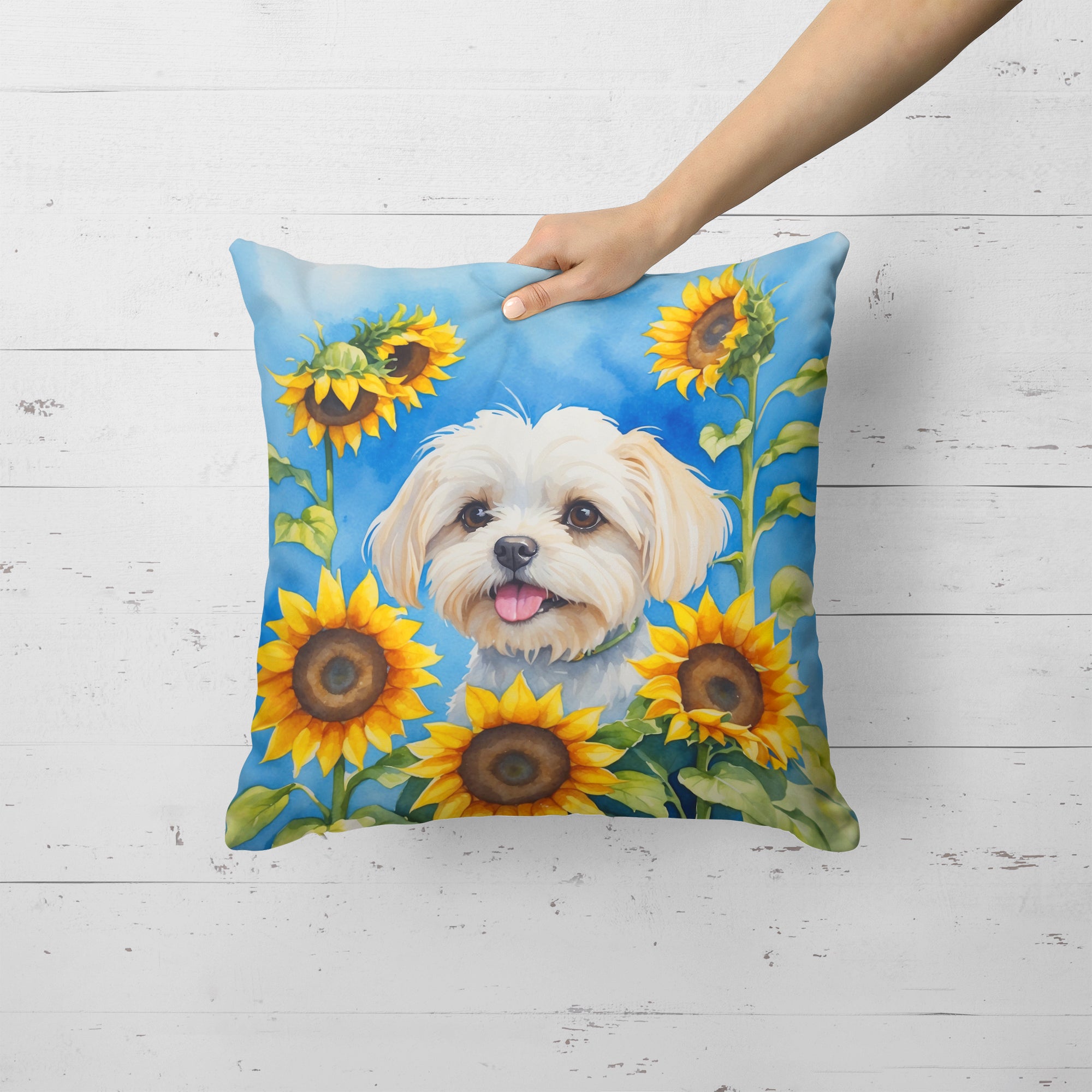 Maltese in Sunflowers Throw Pillow