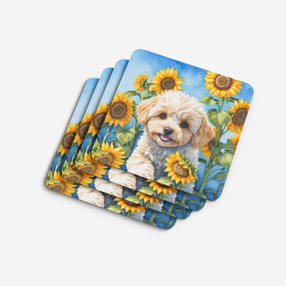 Maltipoo in Sunflowers Foam Coasters