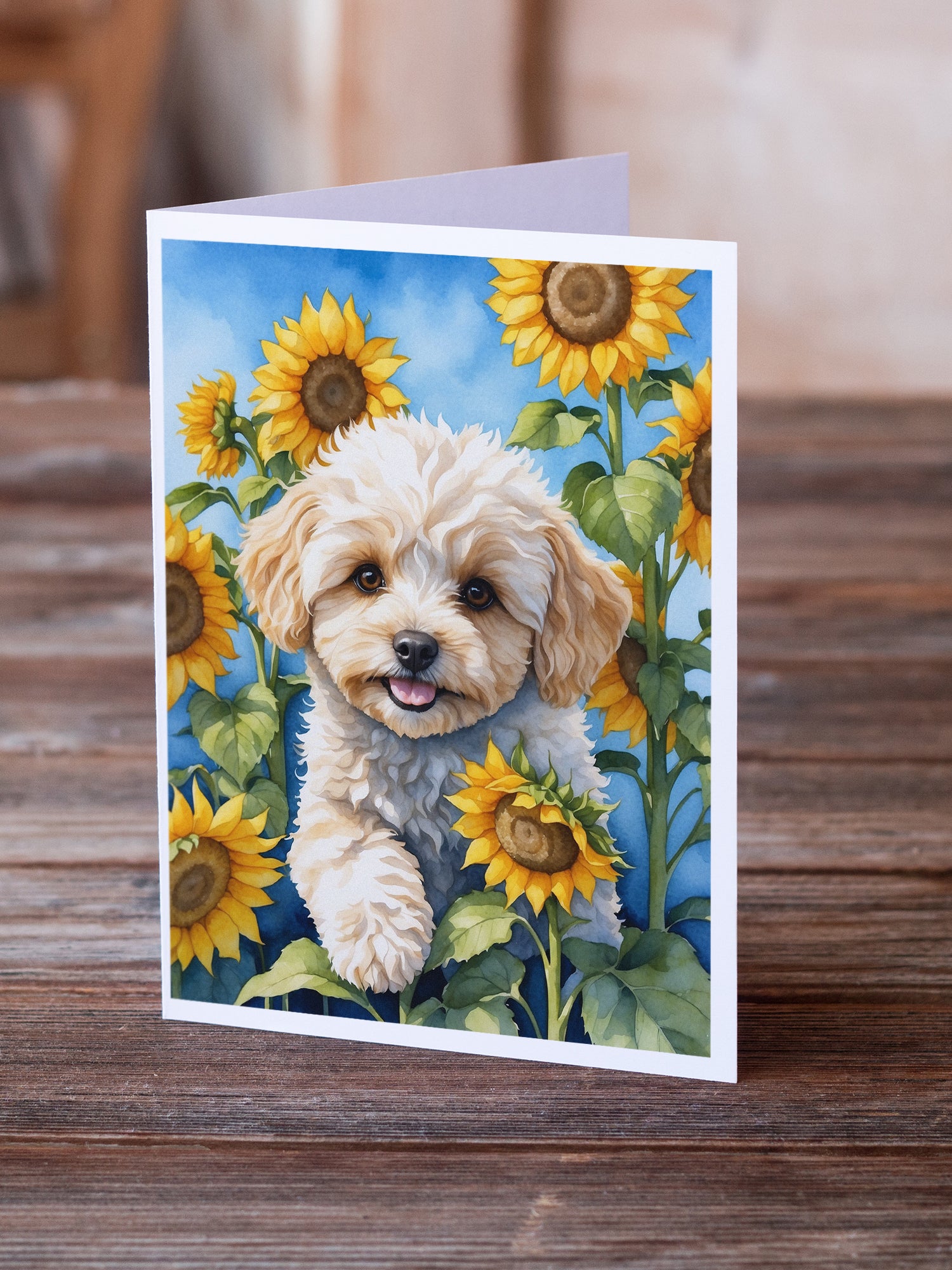 Maltipoo in Sunflowers Greeting Cards Pack of 8