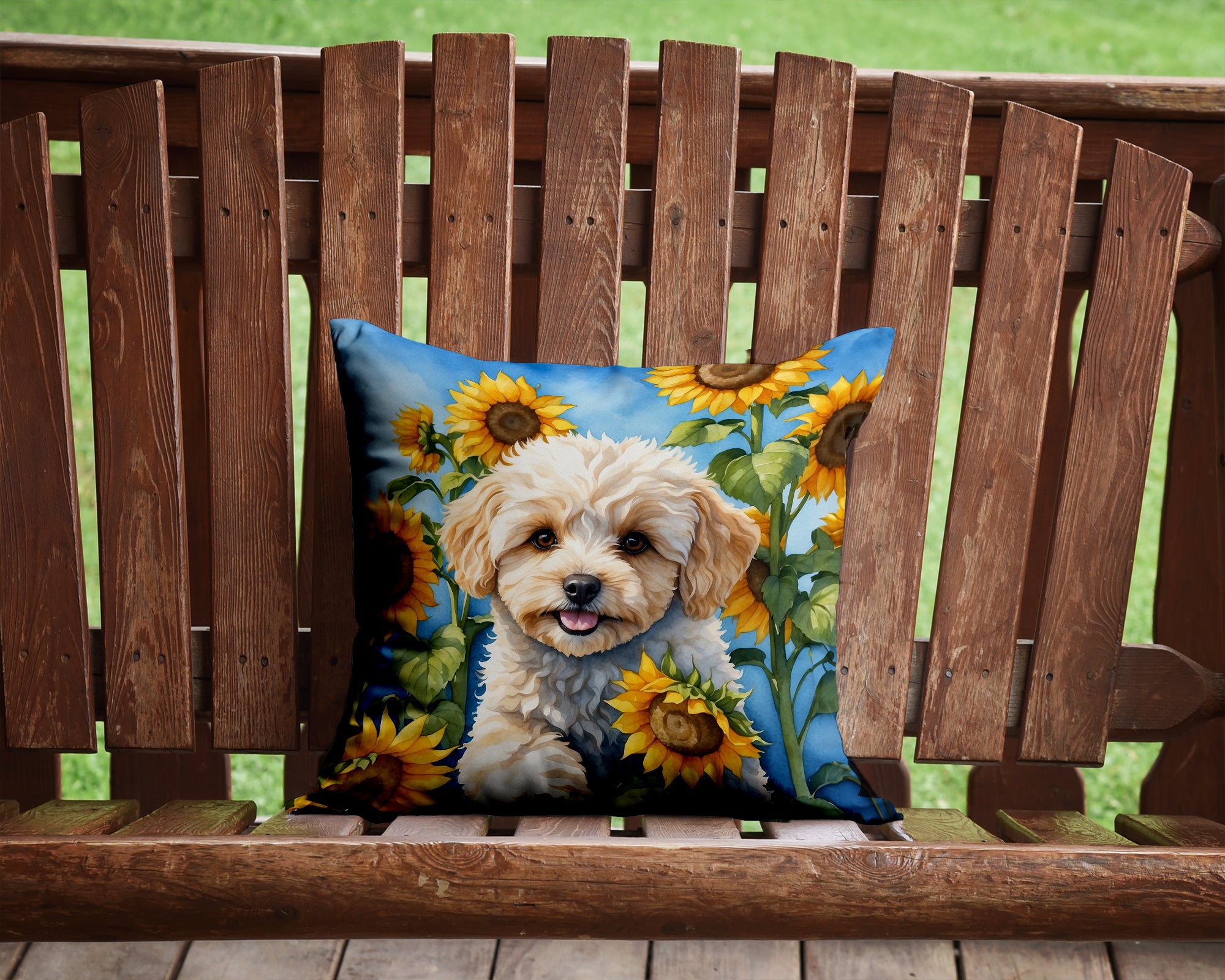 Buy this Maltipoo in Sunflowers Throw Pillow