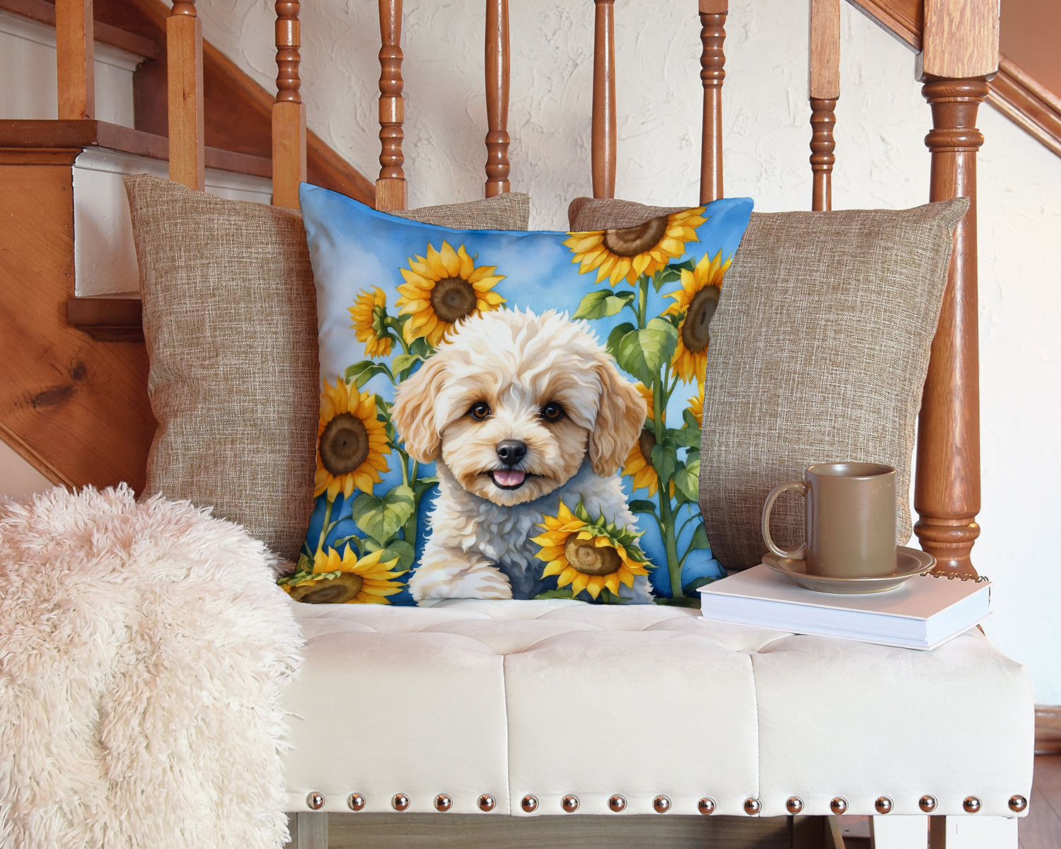 Maltipoo in Sunflowers Throw Pillow