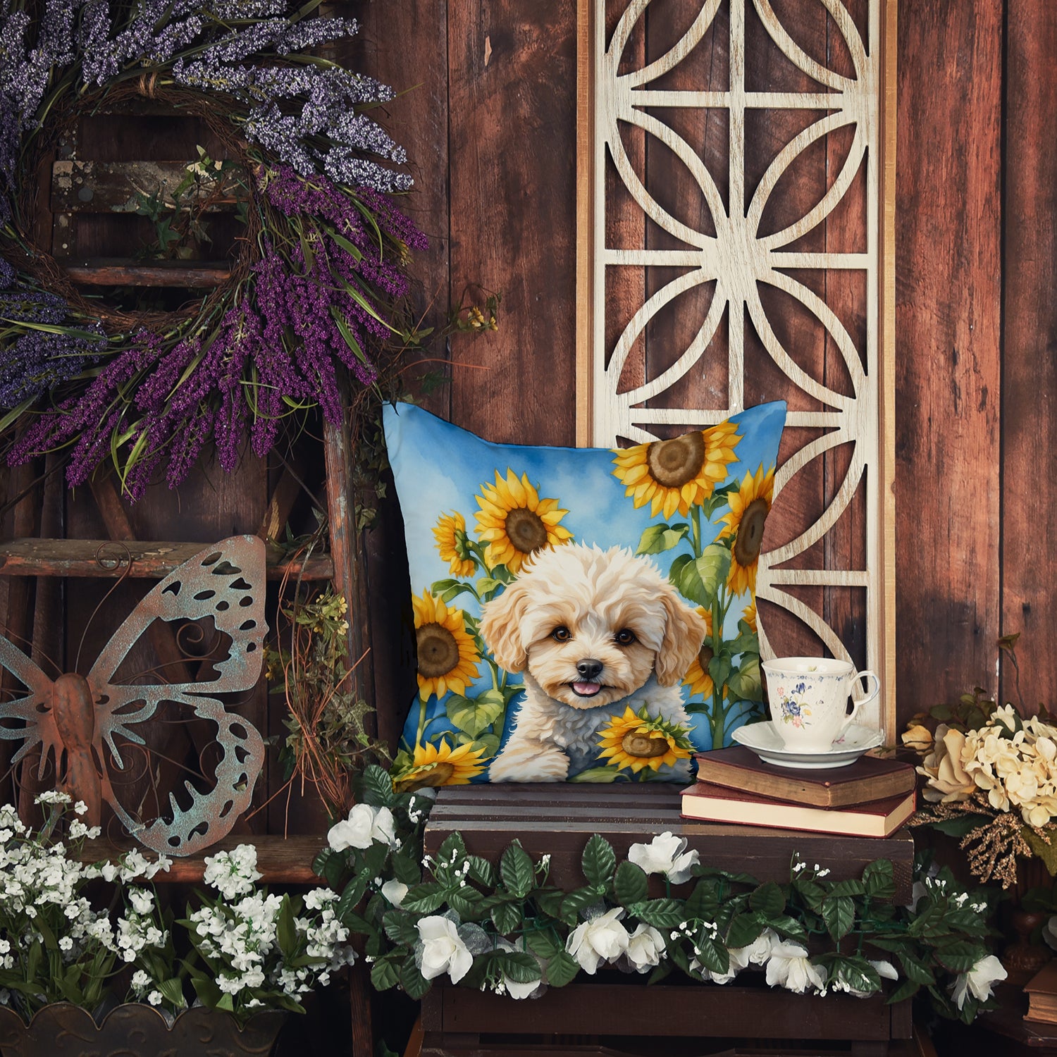 Maltipoo in Sunflowers Throw Pillow