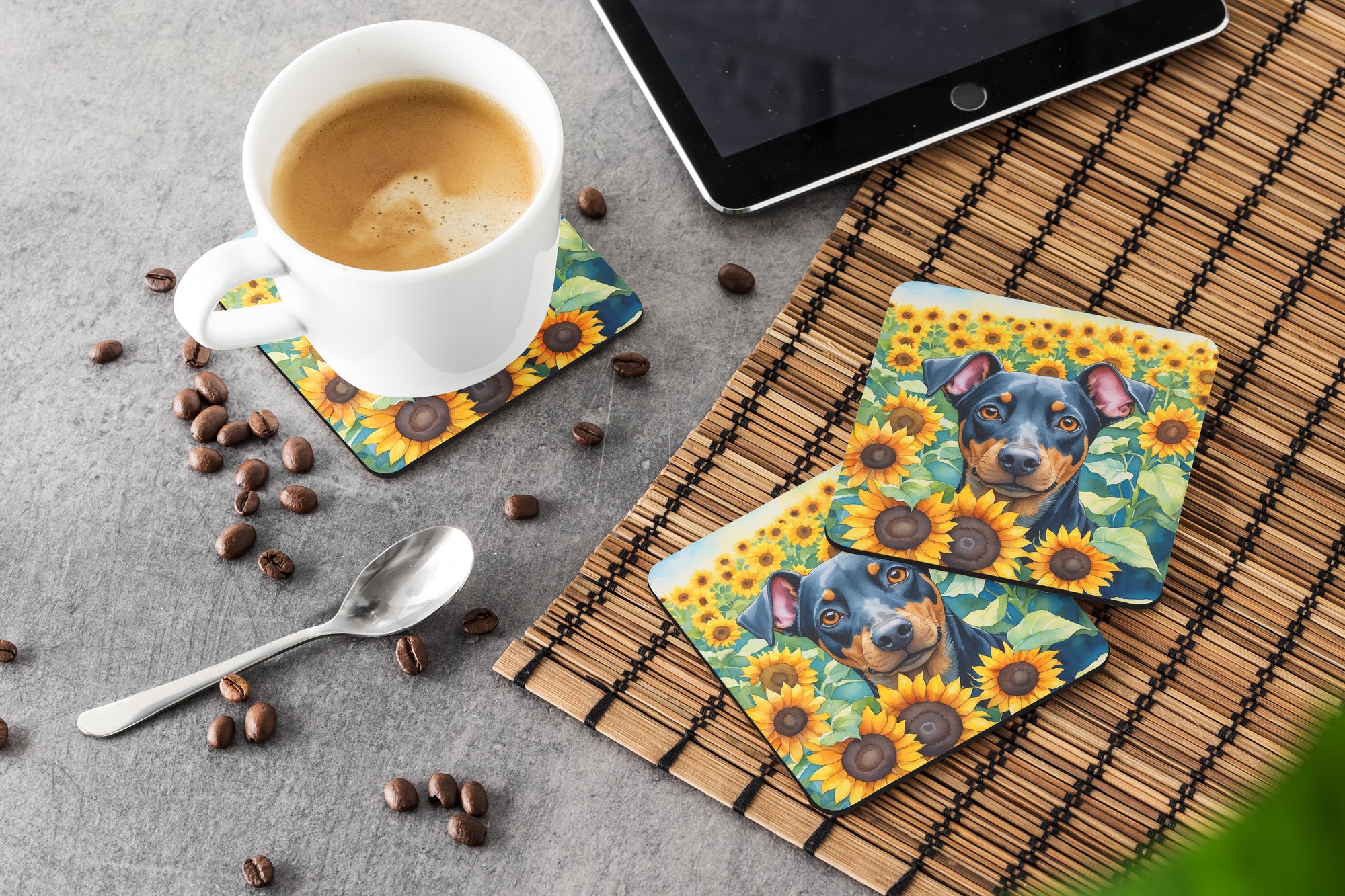 Manchester Terrier in Sunflowers Foam Coasters