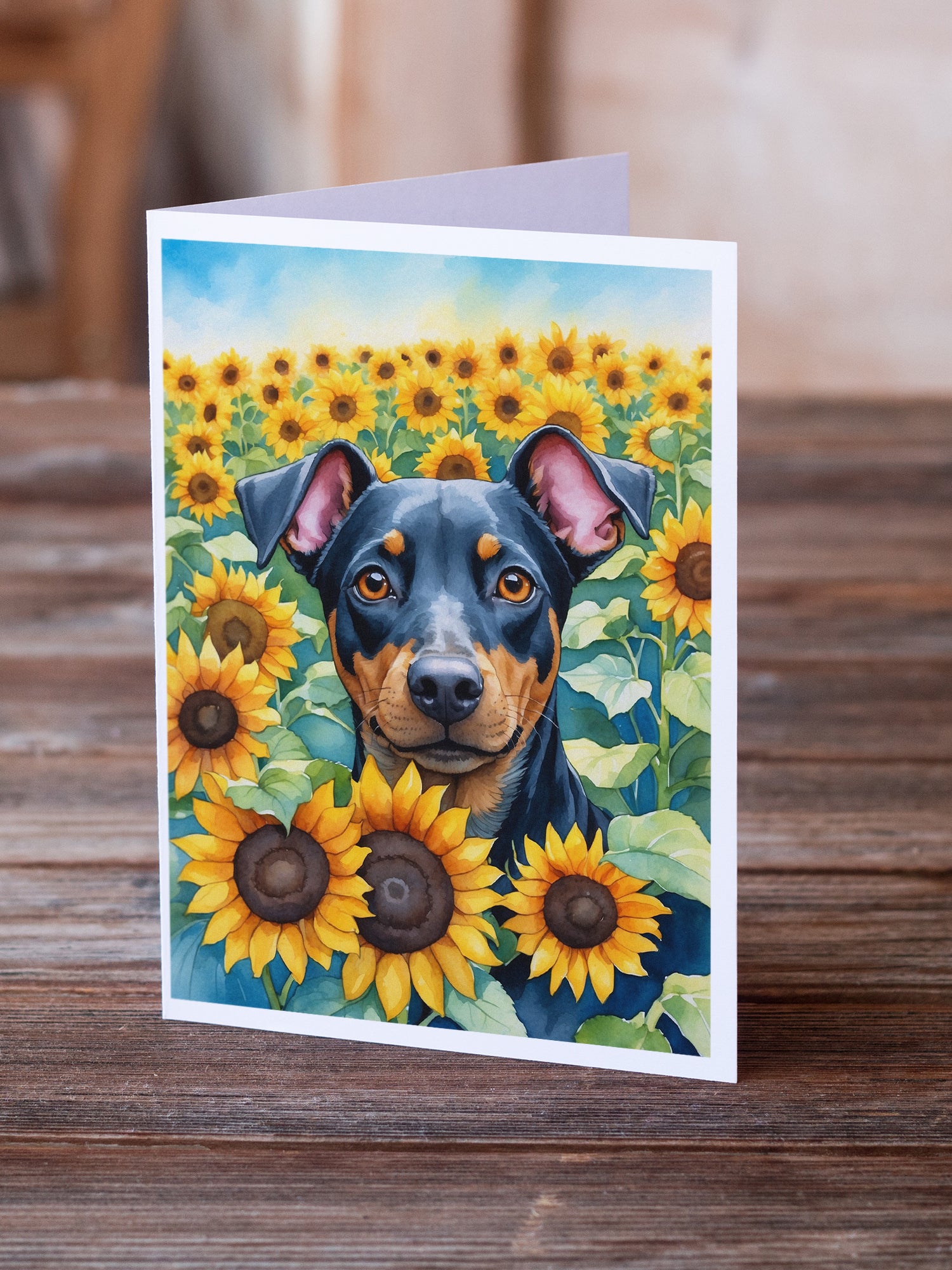 Buy this Manchester Terrier in Sunflowers Greeting Cards Pack of 8