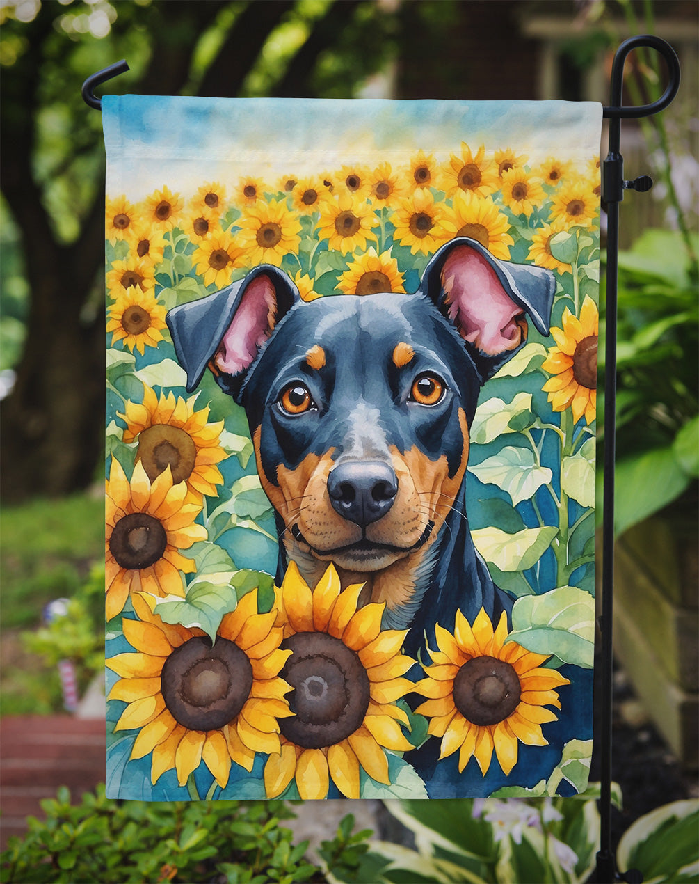 Manchester Terrier in Sunflowers Garden Flag