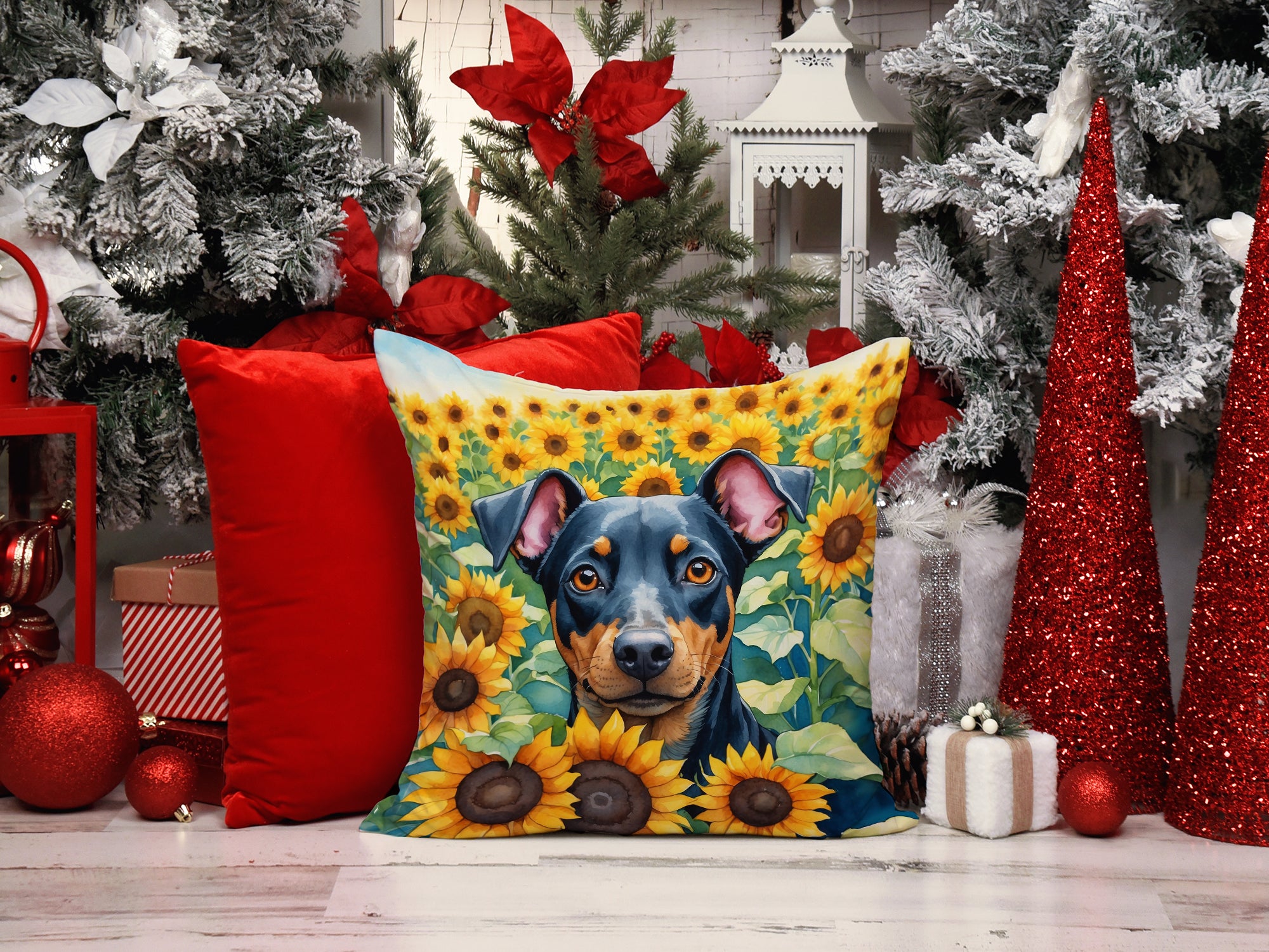 Manchester Terrier in Sunflowers Throw Pillow