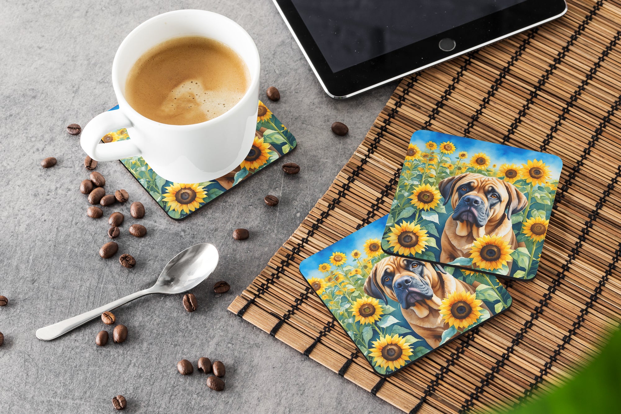 Mastiff in Sunflowers Foam Coasters