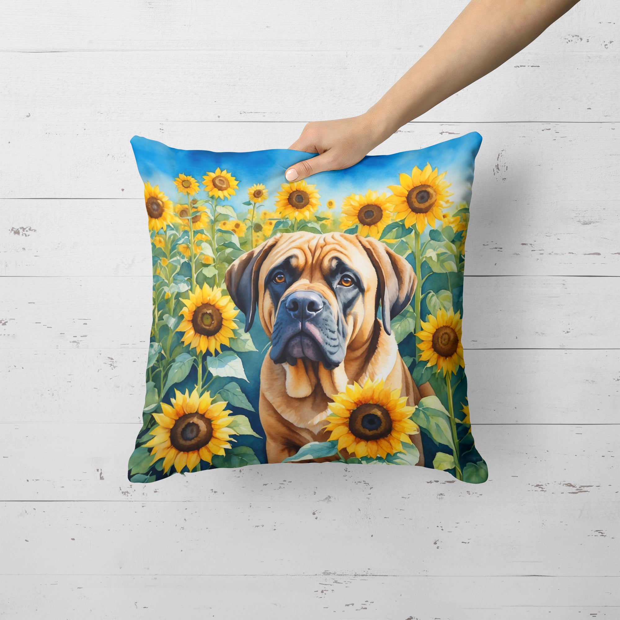 Mastiff in Sunflowers Throw Pillow