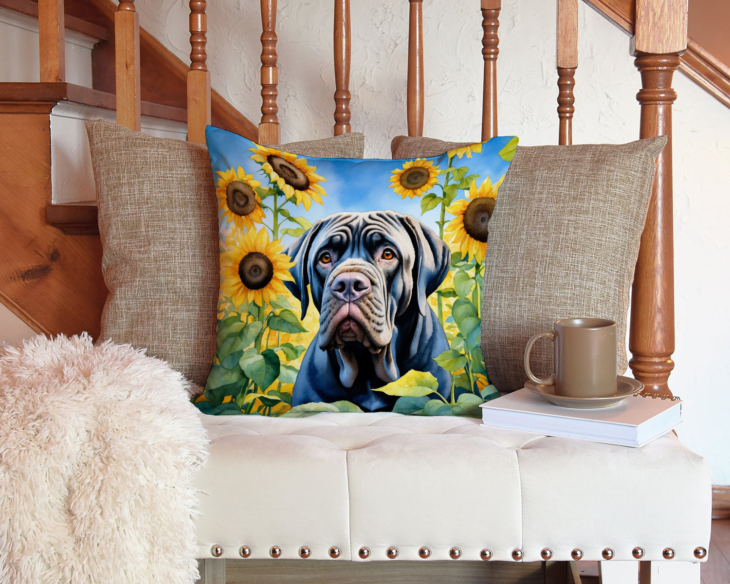 Neapolitan Mastiff in Sunflowers Throw Pillow