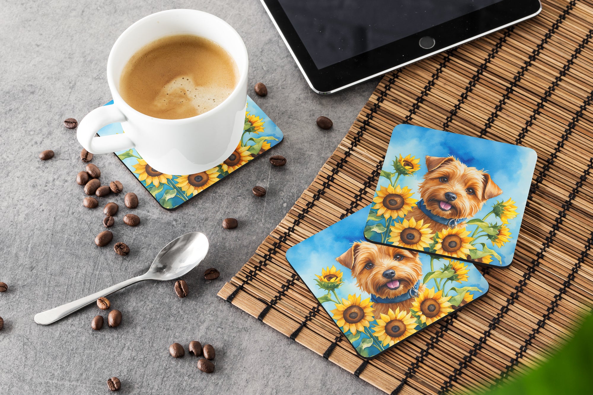 Norfolk Terrier in Sunflowers Foam Coasters