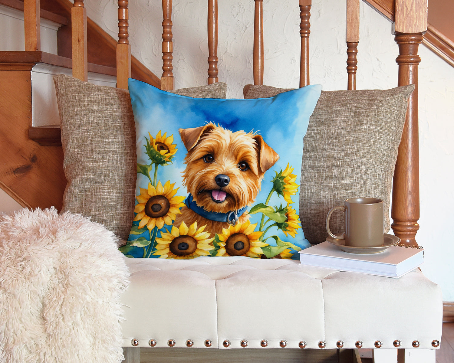 Norfolk Terrier in Sunflowers Throw Pillow