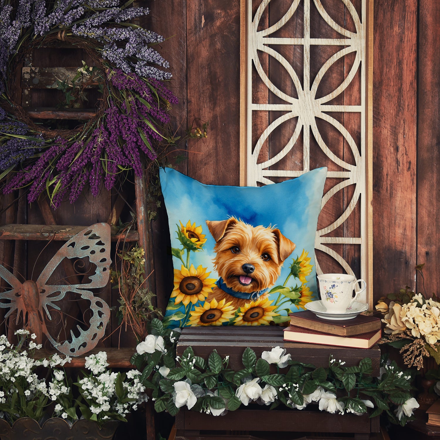 Norfolk Terrier in Sunflowers Throw Pillow