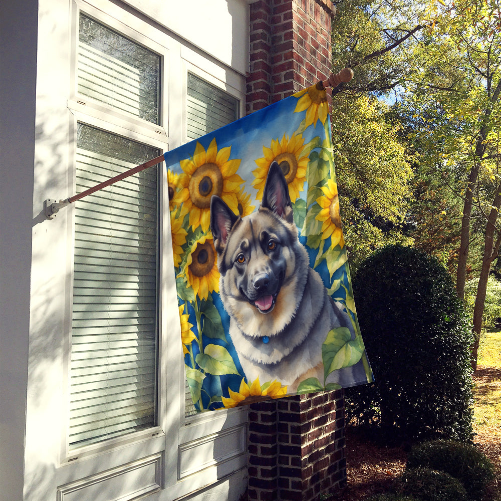 Norwegian Elkhound in Sunflowers House Flag