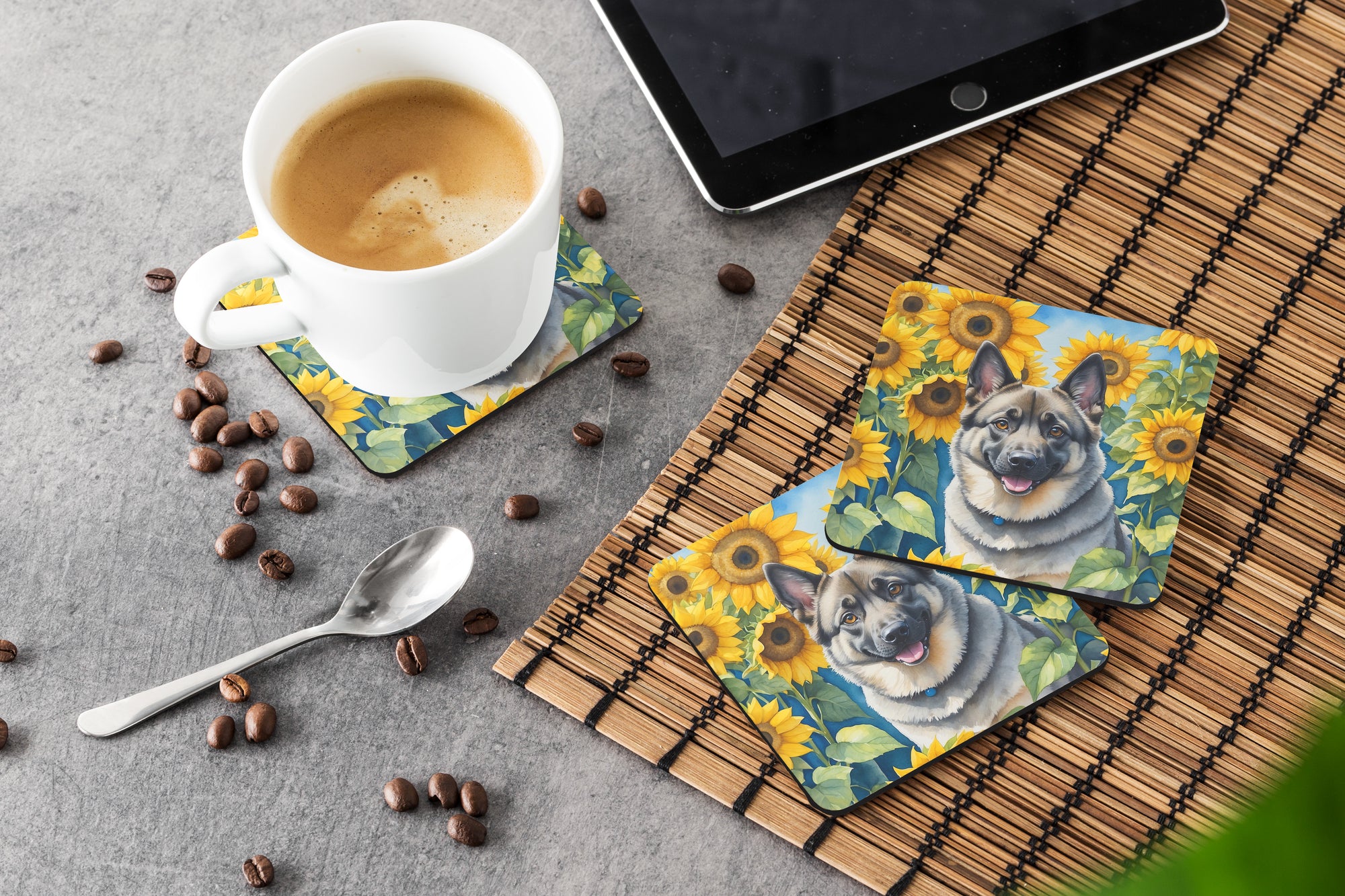 Norwegian Elkhound in Sunflowers Foam Coasters