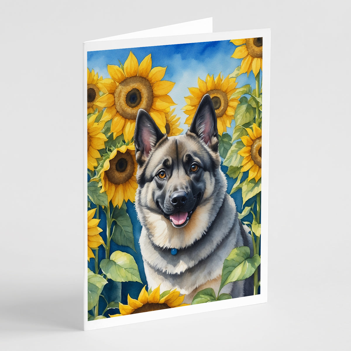 Buy this Norwegian Elkhound in Sunflowers Greeting Cards Pack of 8