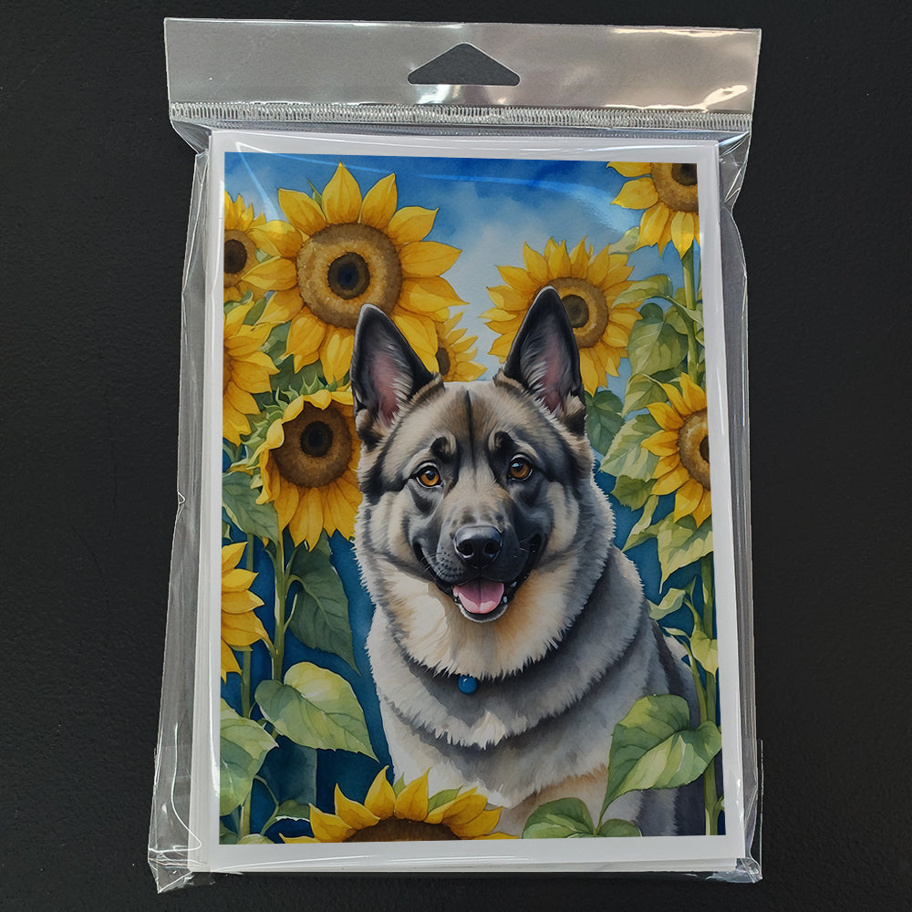 Norwegian Elkhound in Sunflowers Greeting Cards Pack of 8