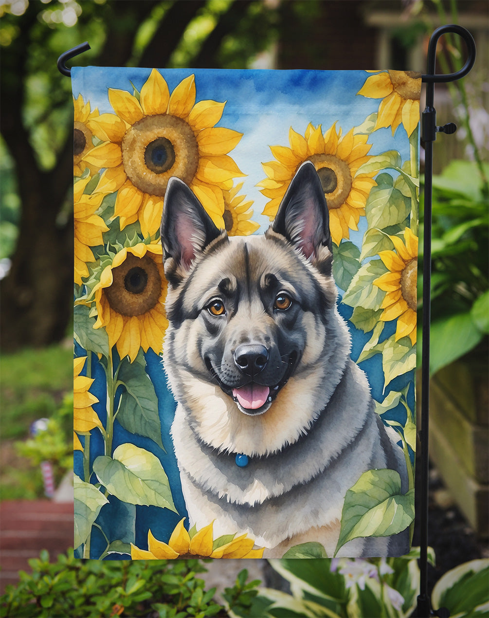 Norwegian Elkhound in Sunflowers Garden Flag