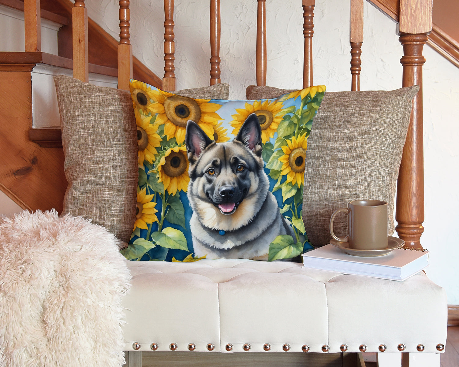 Norwegian Elkhound in Sunflowers Throw Pillow
