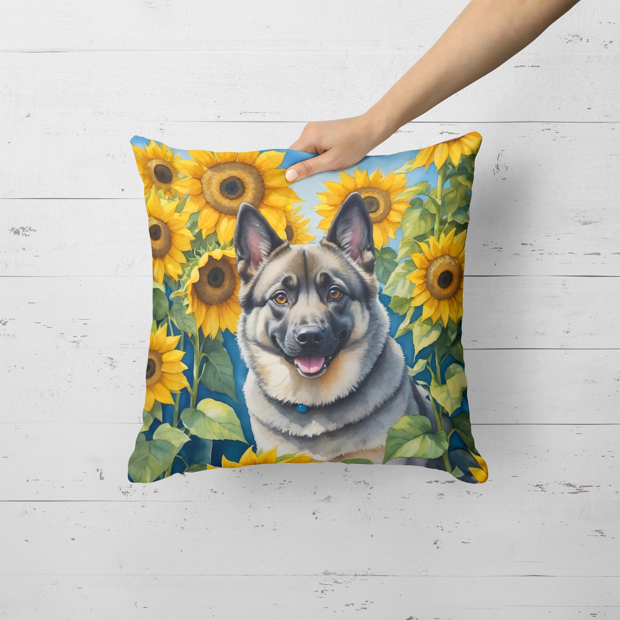 Norwegian Elkhound in Sunflowers Throw Pillow