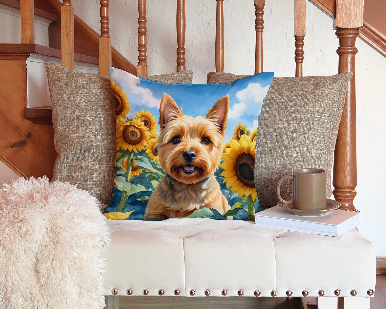 Norwich Terrier in Sunflowers Throw Pillow