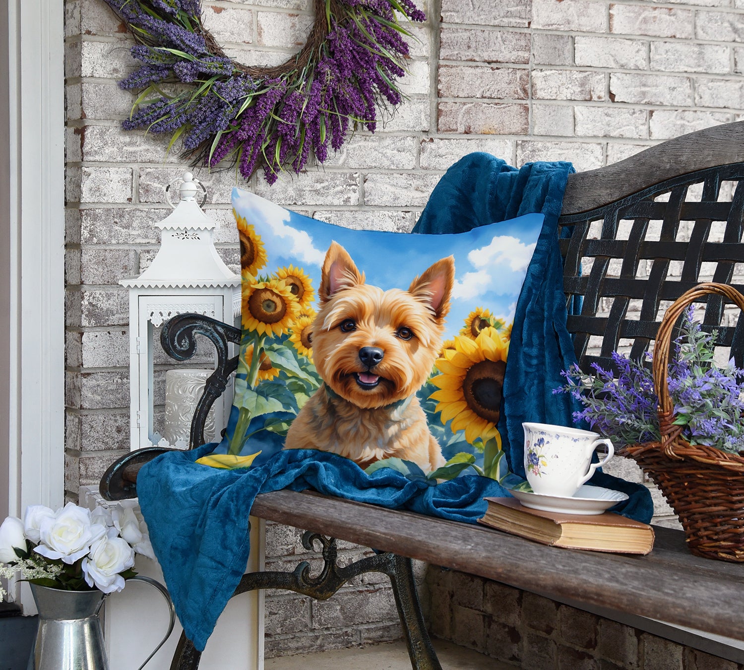 Norwich Terrier in Sunflowers Throw Pillow