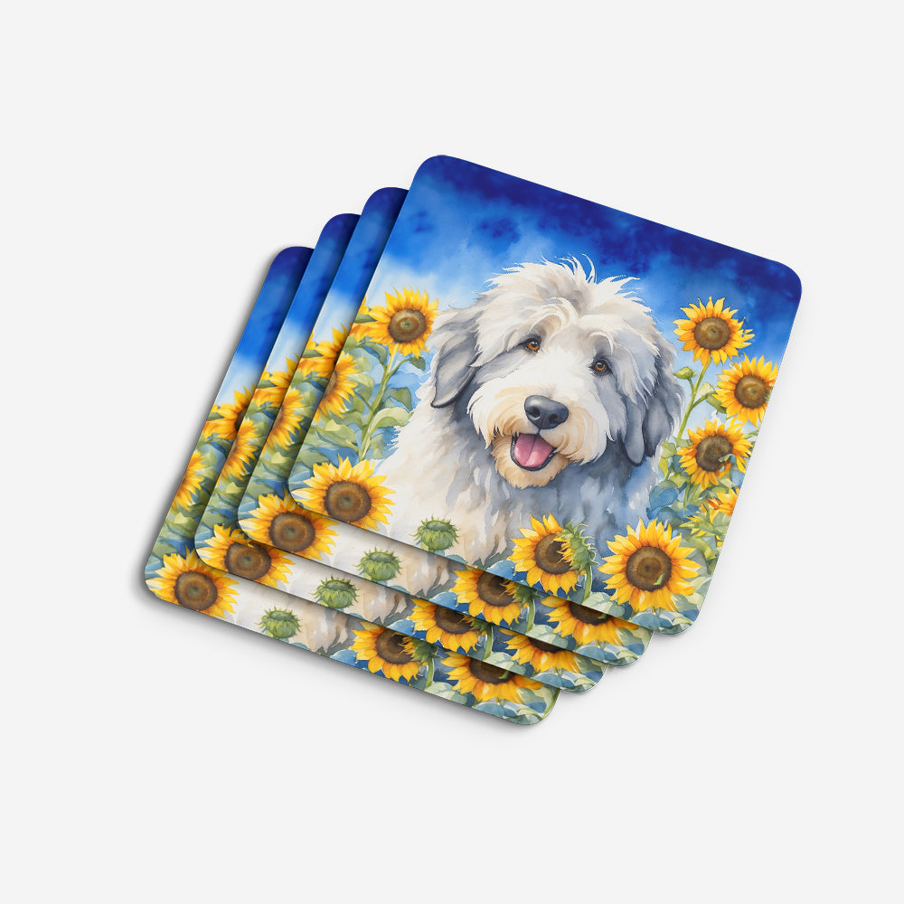 Old English Sheepdog in Sunflowers Foam Coasters