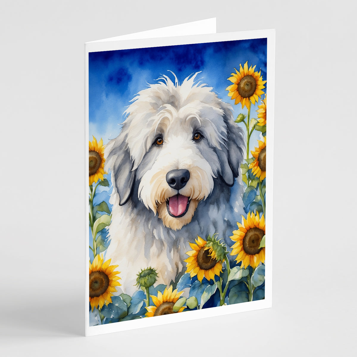 Buy this Old English Sheepdog in Sunflowers Greeting Cards Pack of 8