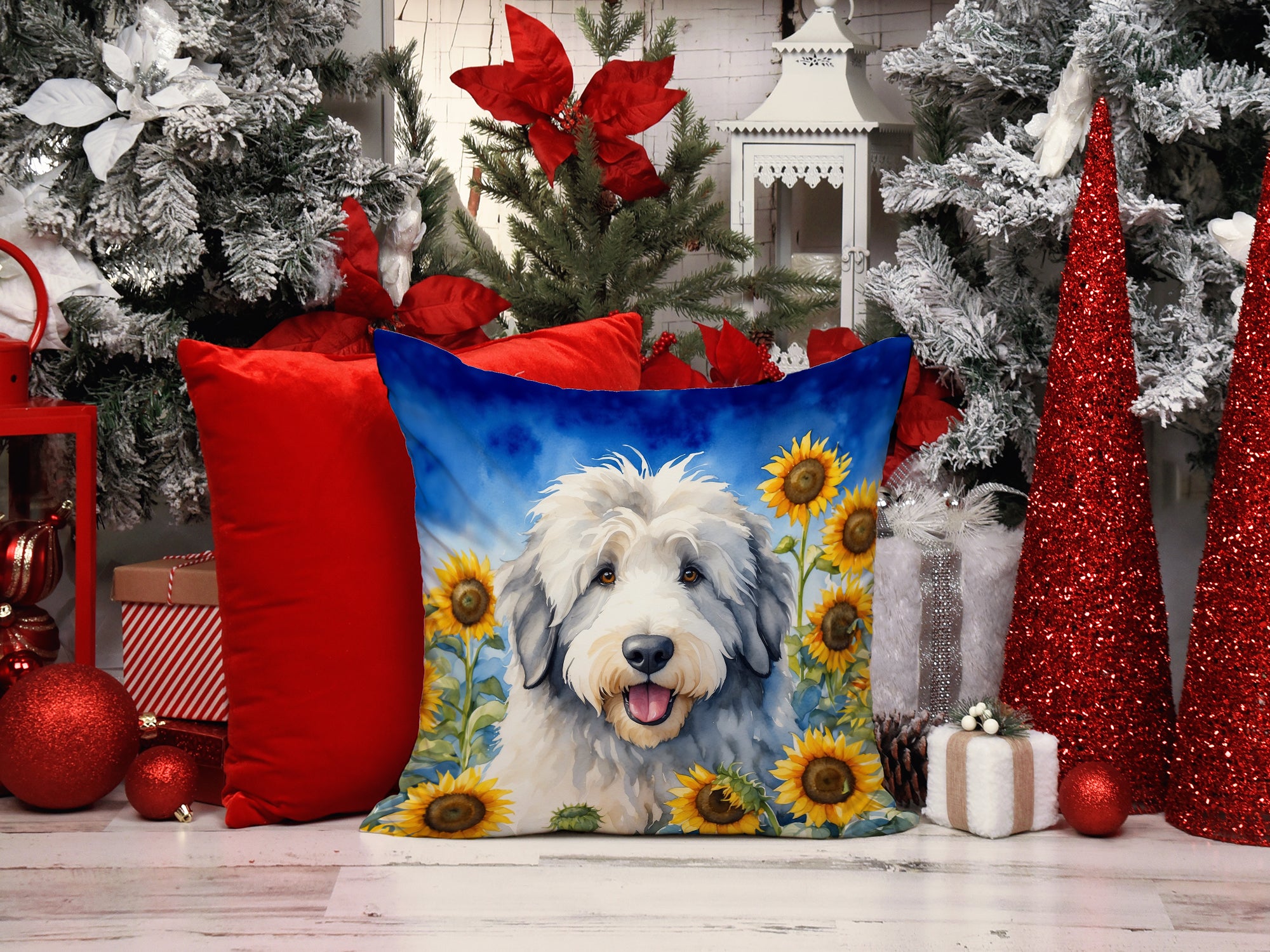 Old English Sheepdog in Sunflowers Throw Pillow