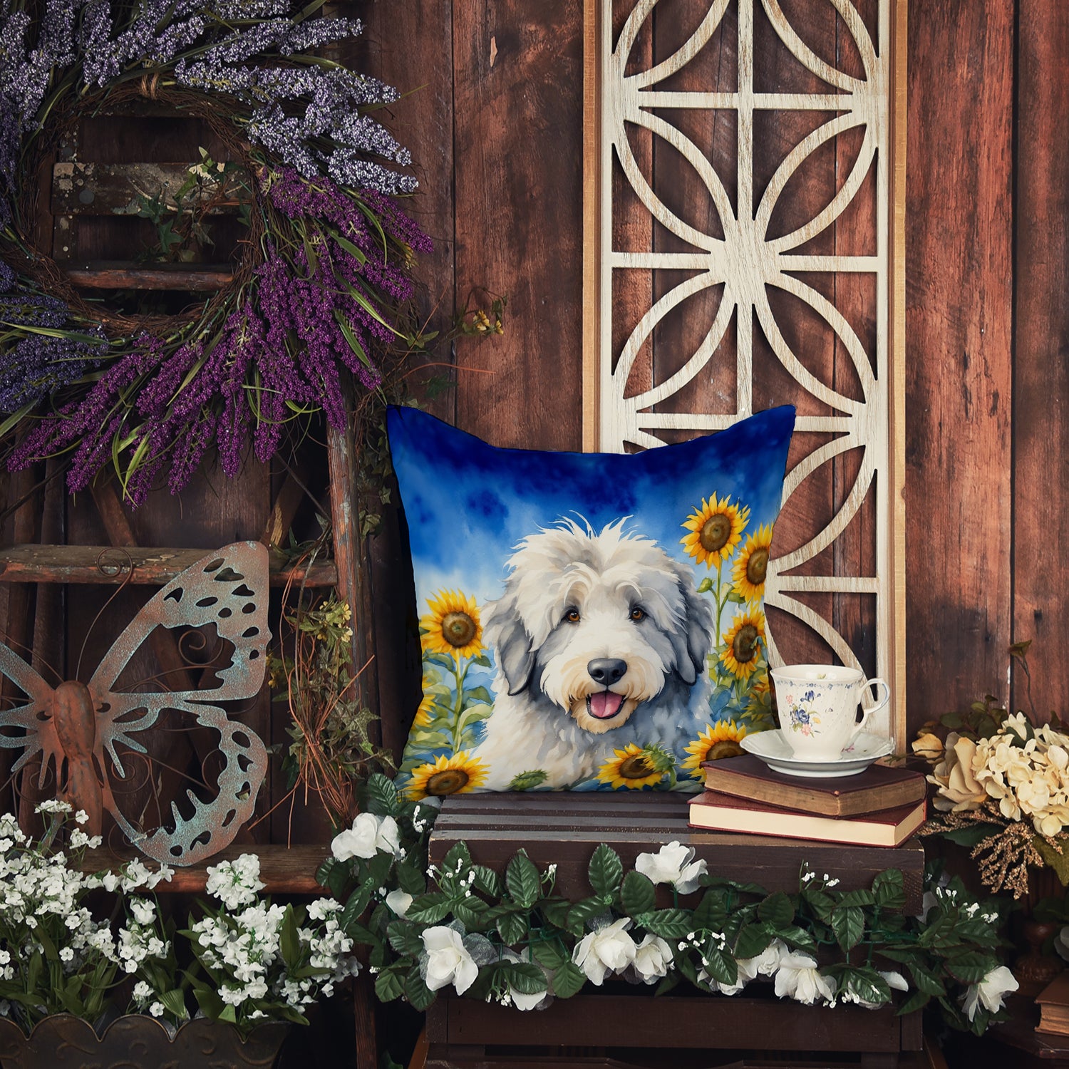Old English Sheepdog in Sunflowers Throw Pillow