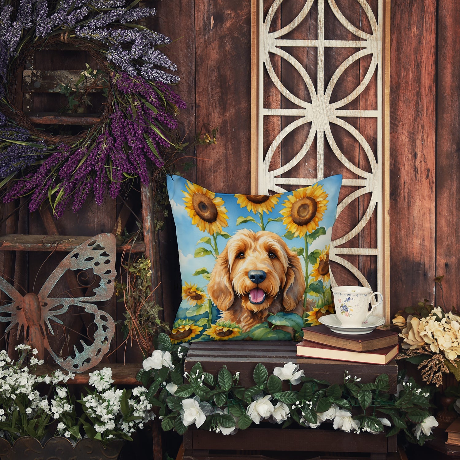 Otterhound in Sunflowers Throw Pillow