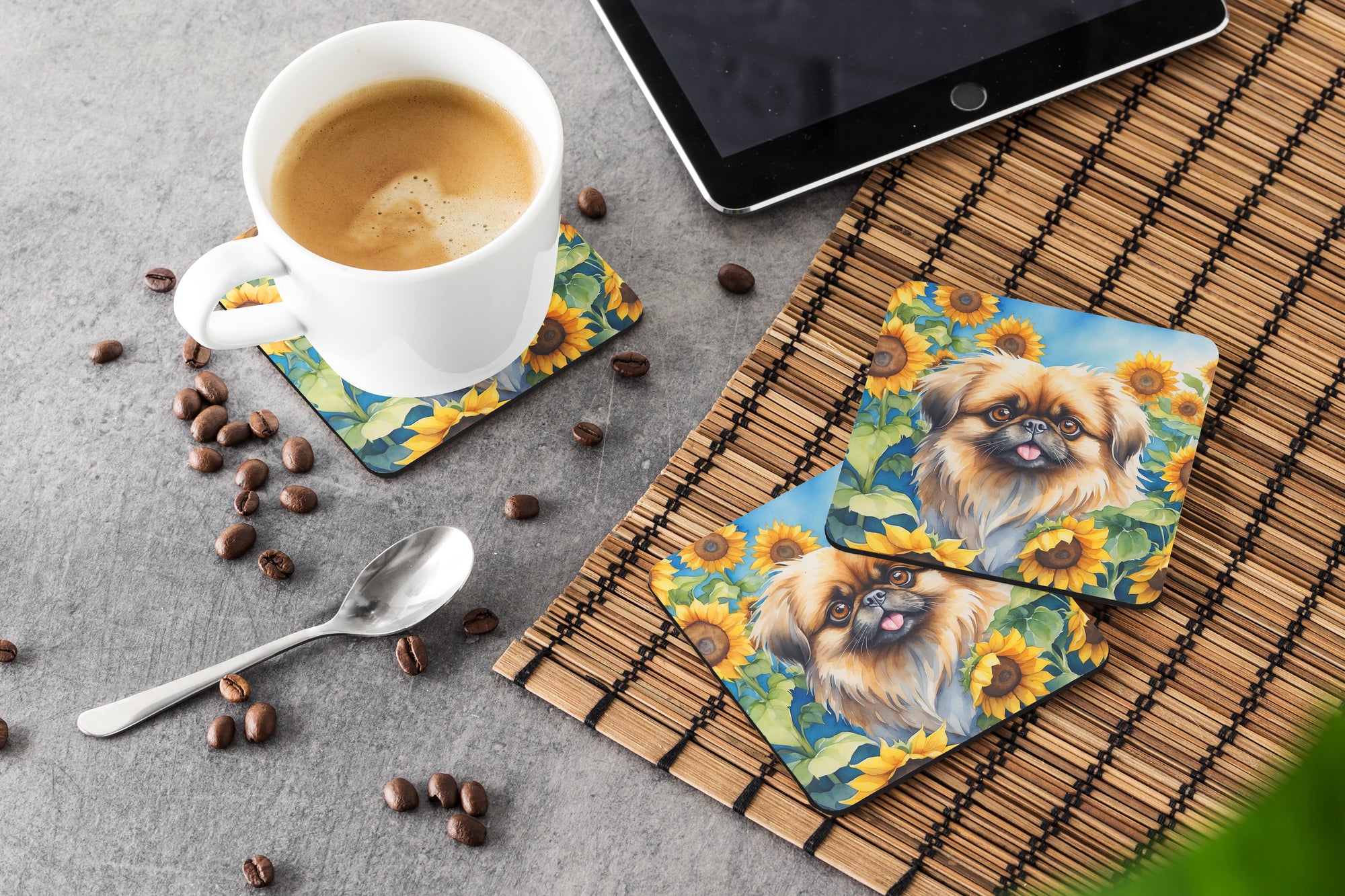 Pekingese in Sunflowers Foam Coasters