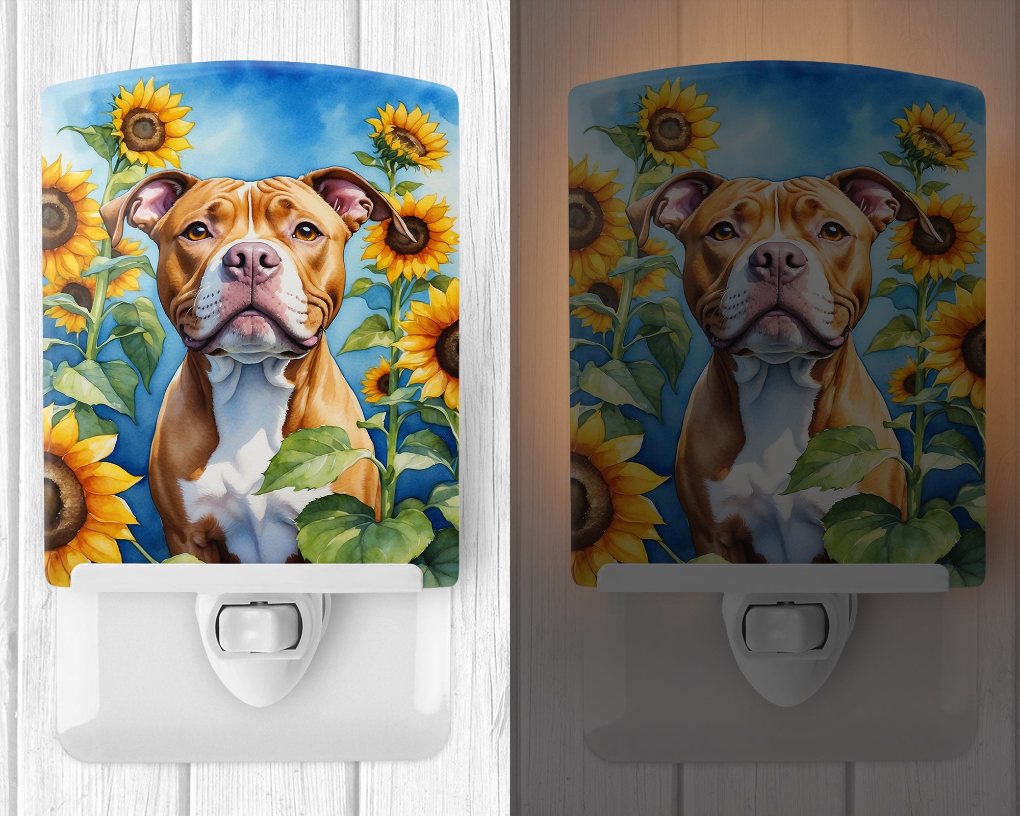 Pit Bull Terrier in Sunflowers Ceramic Night Light