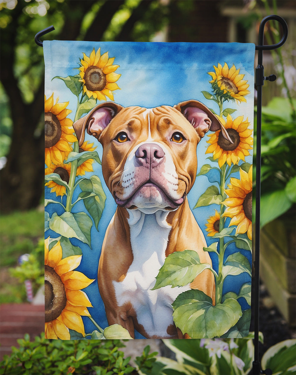 Pit Bull Terrier in Sunflowers Garden Flag