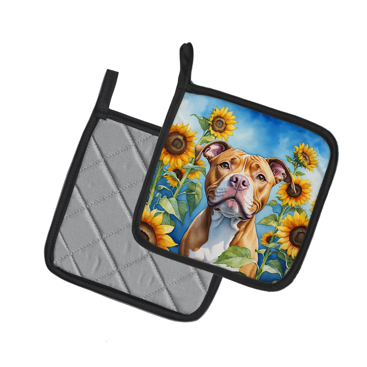 Pit Bull Terrier in Sunflowers Pair of Pot Holders