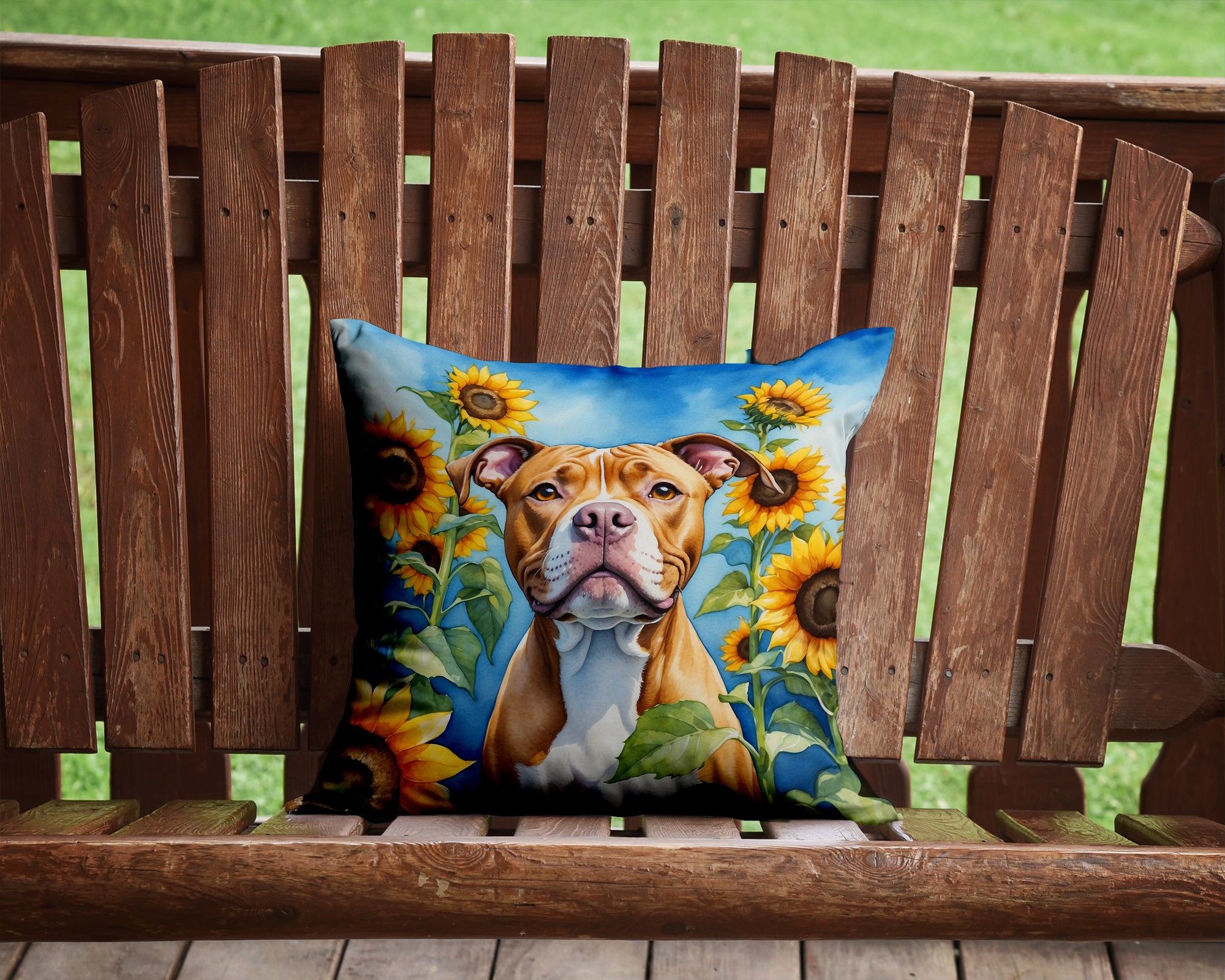 Buy this Pit Bull Terrier in Sunflowers Throw Pillow