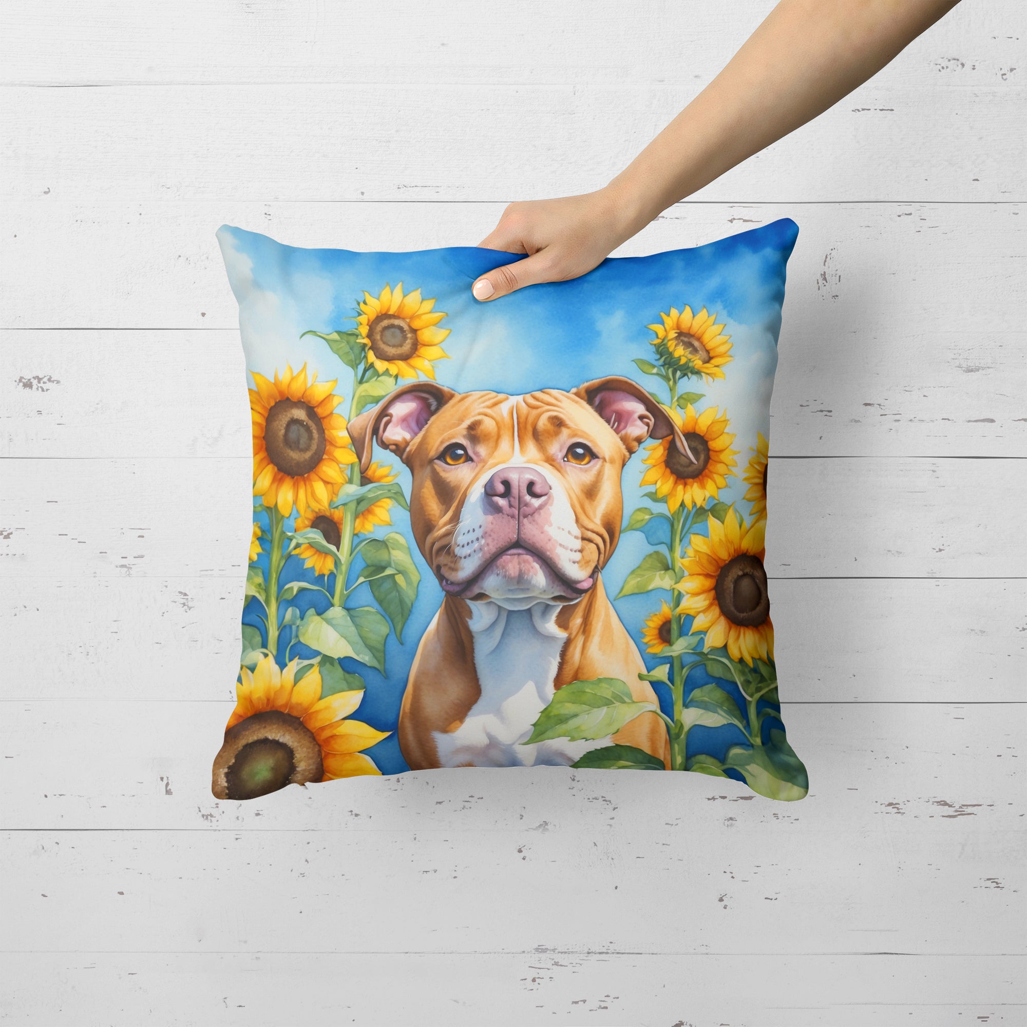 Buy this Pit Bull Terrier in Sunflowers Throw Pillow