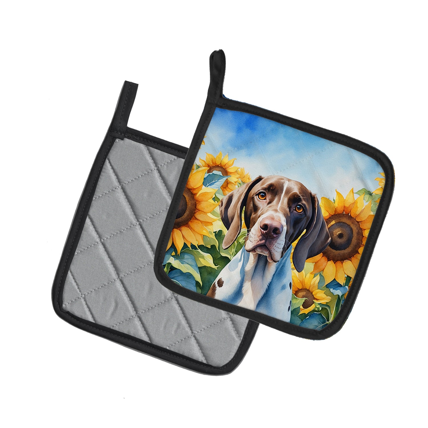 Pointer in Sunflowers Pair of Pot Holders