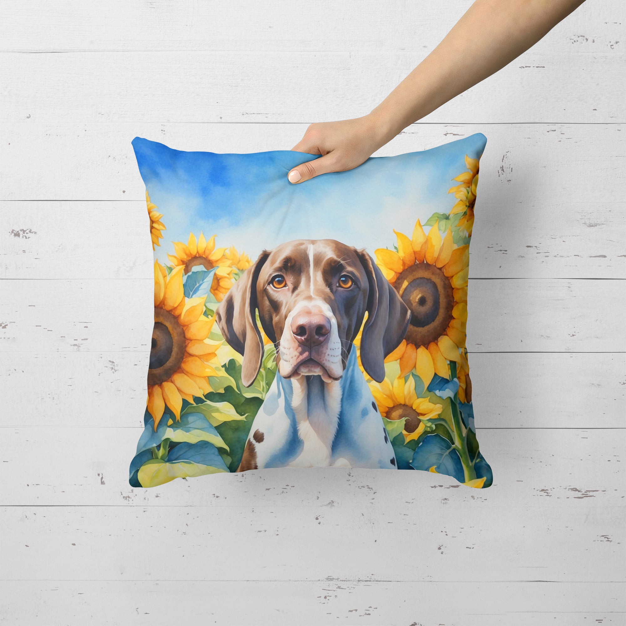 Pointer in Sunflowers Throw Pillow