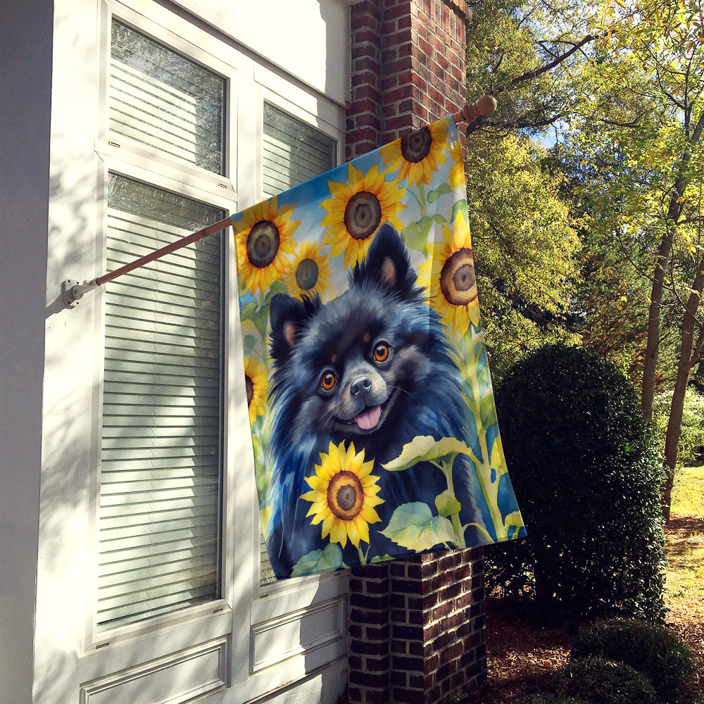 Pomeranian in Sunflowers House Flag