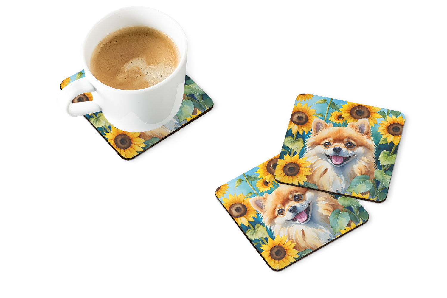 Buy this Pomeranian in Sunflowers Foam Coasters