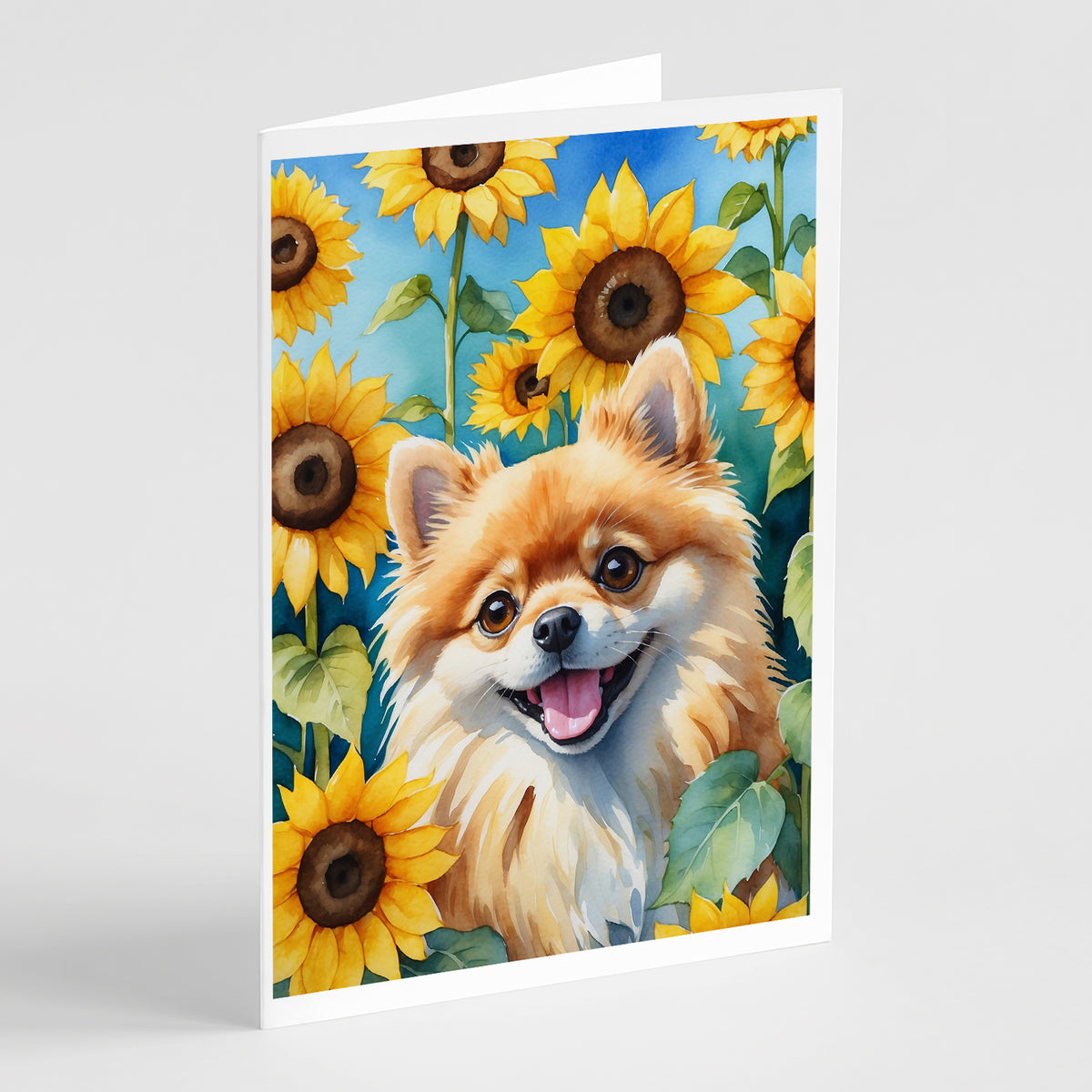Buy this Pomeranian in Sunflowers Greeting Cards Pack of 8