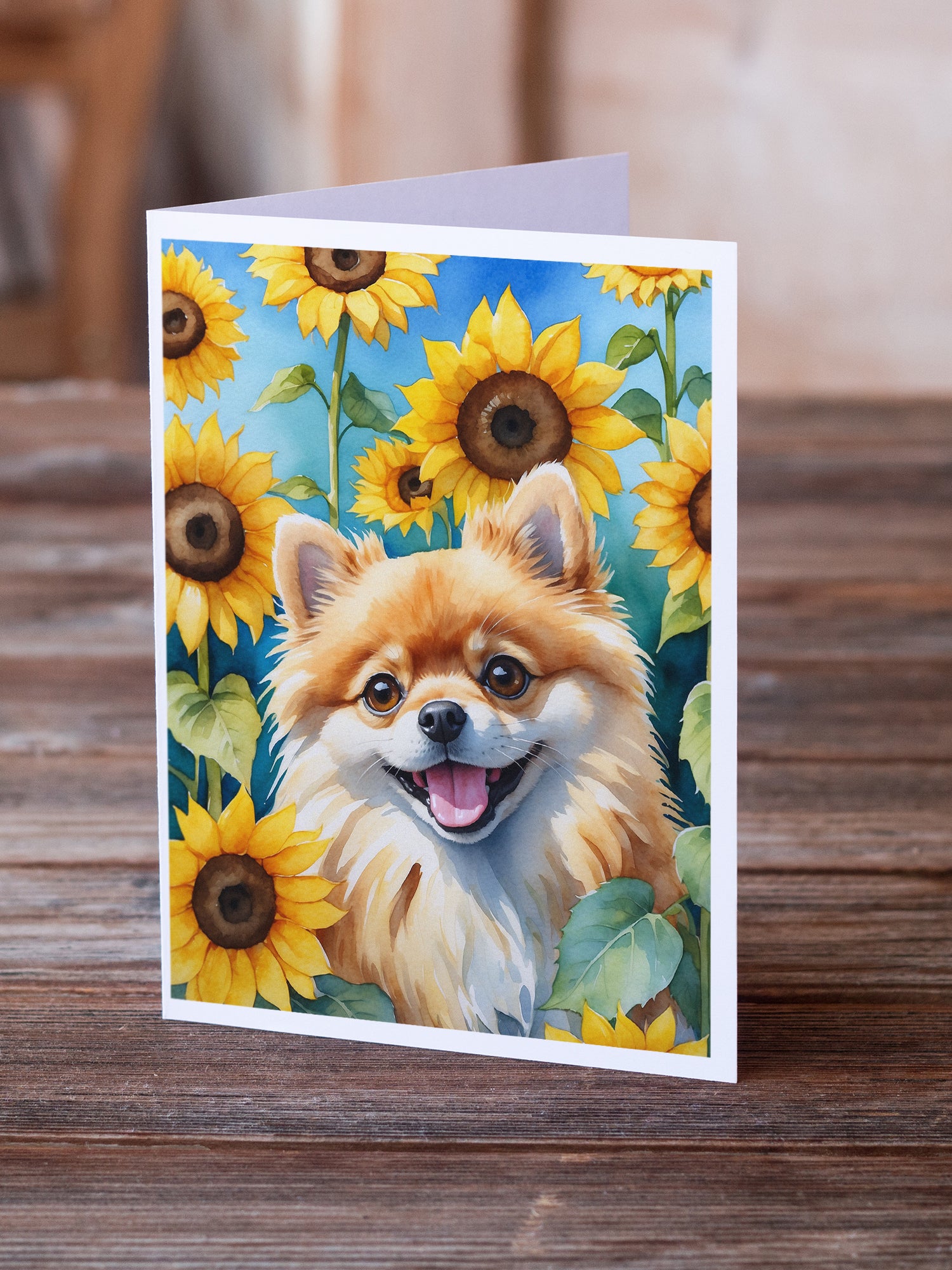 Pomeranian in Sunflowers Greeting Cards Pack of 8