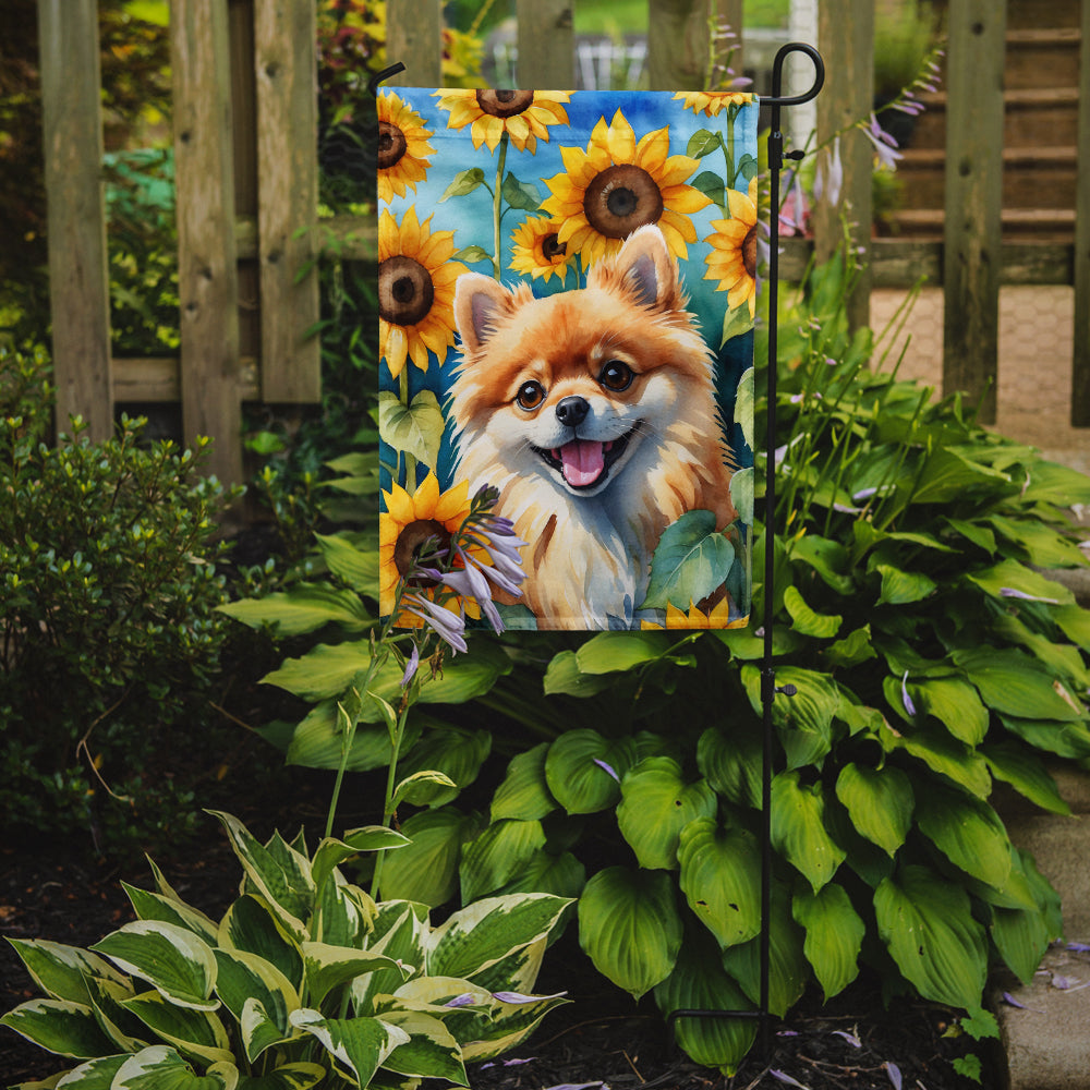 Pomeranian in Sunflowers Garden Flag