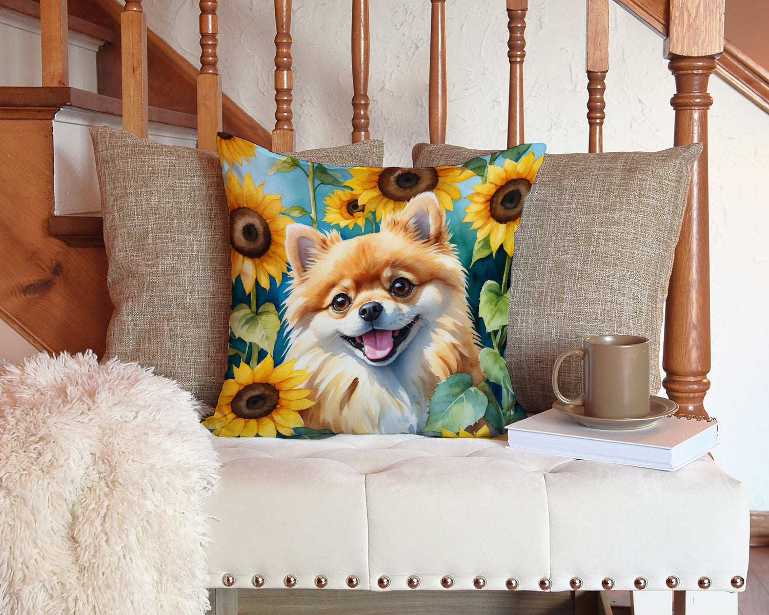 Pomeranian in Sunflowers Throw Pillow