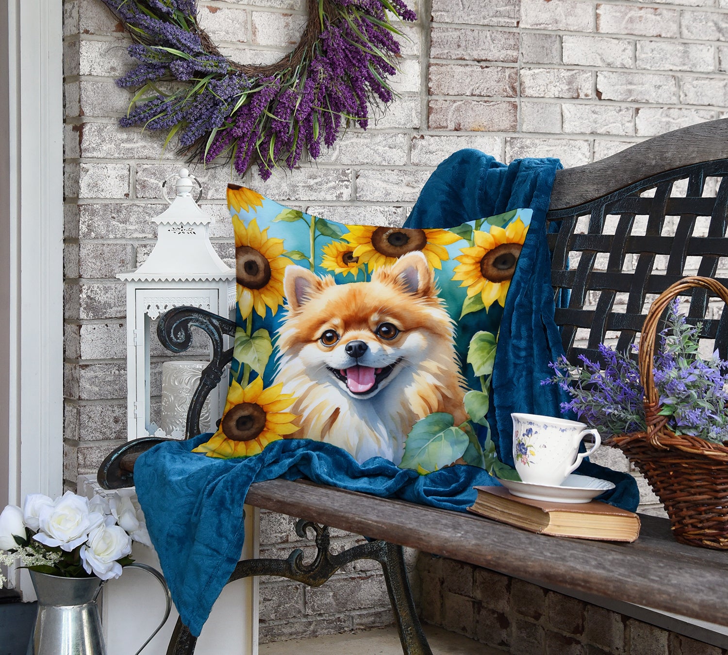 Pomeranian in Sunflowers Throw Pillow