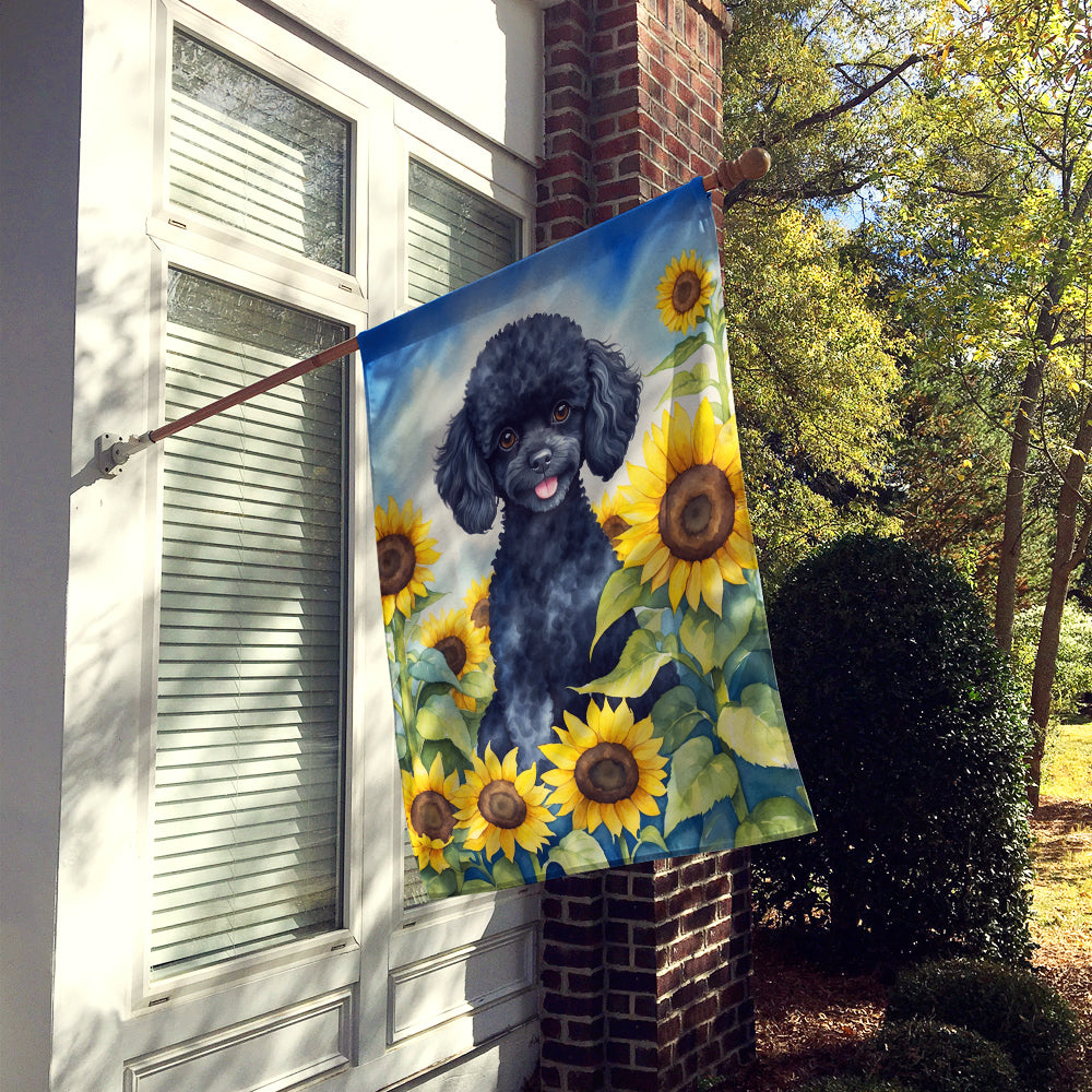 Black Poodle in Sunflowers House Flag